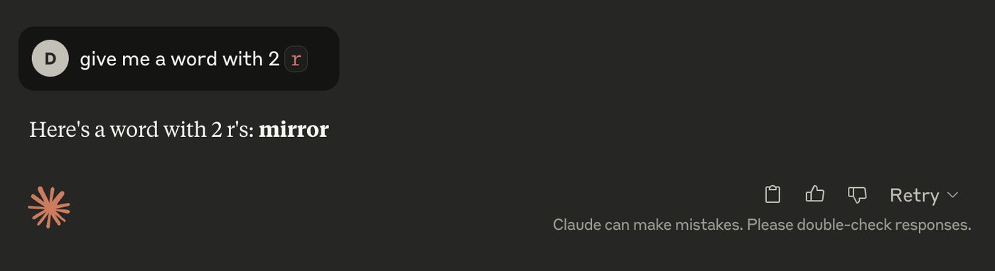 Claude LLM thinks 'mirror' contains 2 'r'.